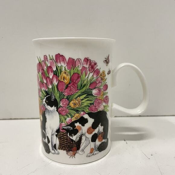 Dunoon Porcelain Coffee/Tea Mug Cat Red Floral Kittens Made In England 10oz - Picture 1 of 7